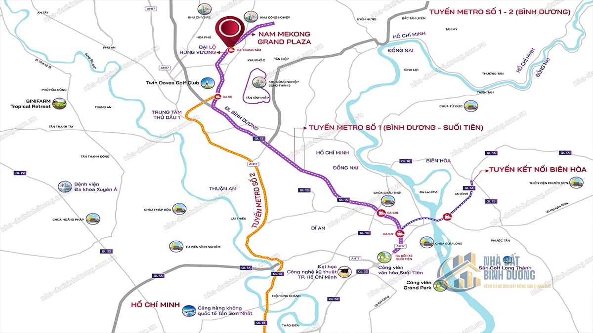 Bản đồ tuyến Metro Bình Dương Suối Tiên và Nam Mekong Grand Plaza